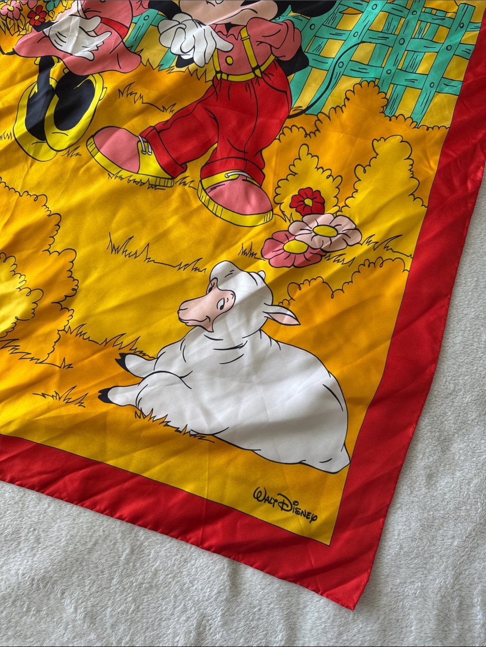 Vintage Handmade Disney Mickey Minnie Silk Scarf Red Yellow Farm Scene Chic - Picture 4 of 11